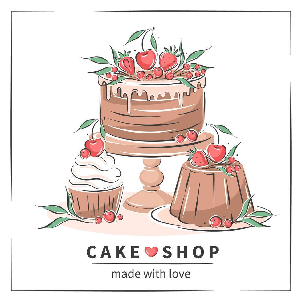 pastel tienda logo. pastel, magdalena y bayas. vector ilustración en blanco antecedentes para menú, receta libro, horneando tienda.