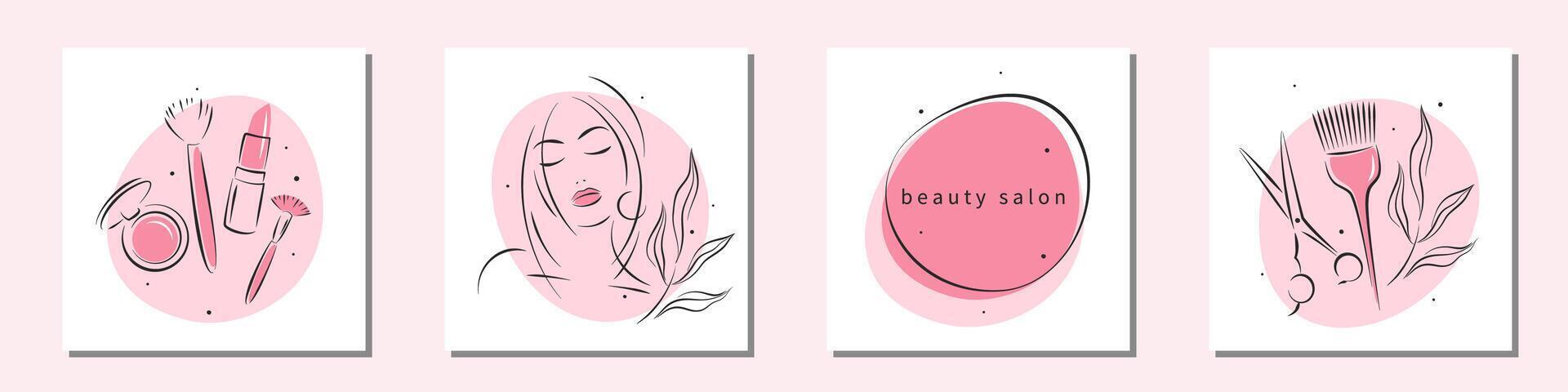 Beauty salon logo set. Makeup and hairdressing. Beautiful woman face, lipstick, blusher, cosmetic brush, scissors and hair brush. Vector illustrations
