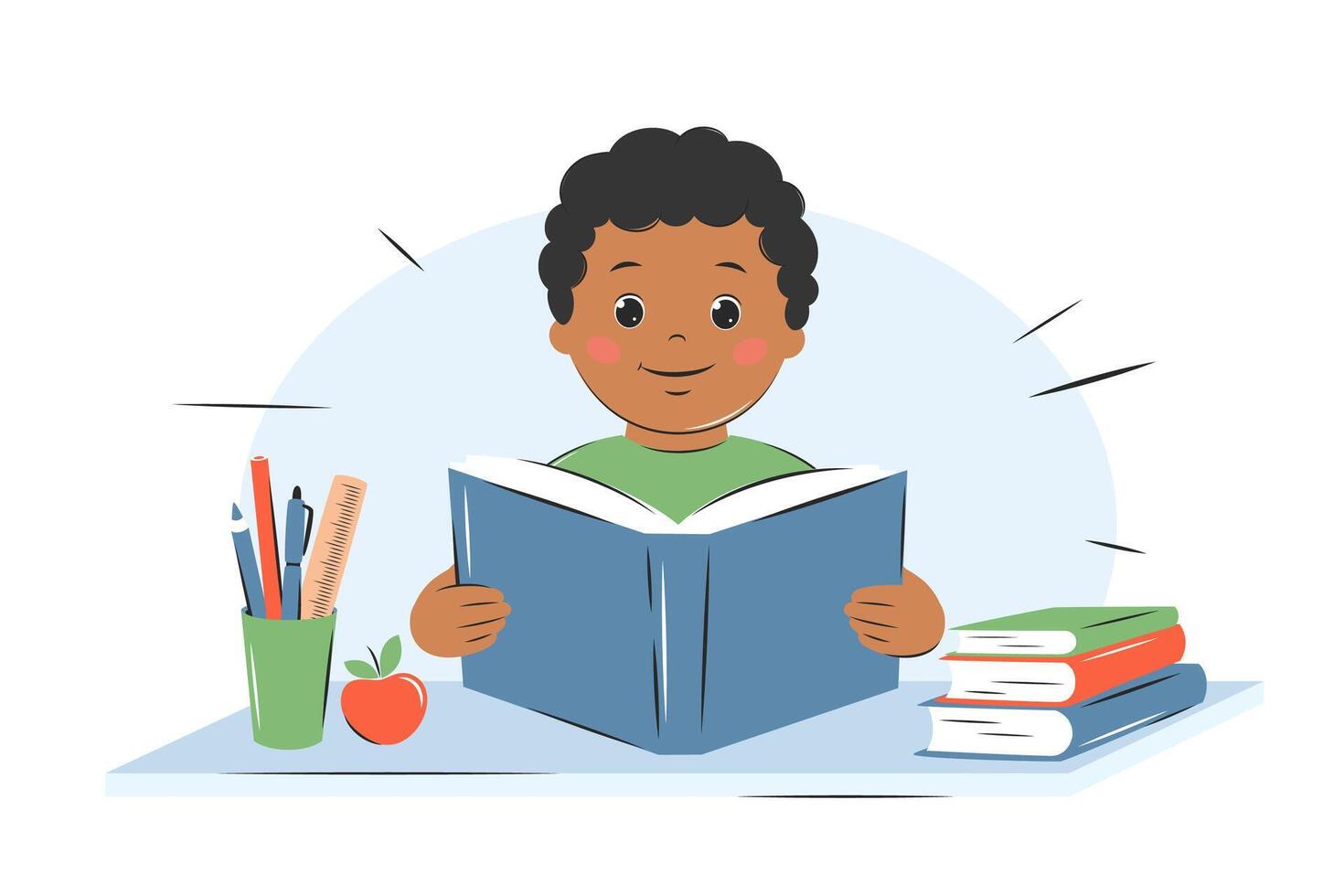 Schoolboy reading a book. Knowledge and education concept. Children study at school or at home. Vector illustration.