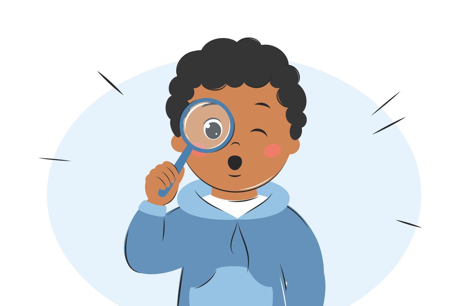 Boy with dark skin and hair holding magnifying glass and very surprised. Child using magnifier for learning, study. Vector Illustration.