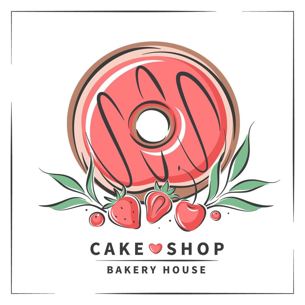 Donut and berries. Cake shop logo. Vector illustration for logo, menu, recipe book, baking shop, cafe, restaurant.
