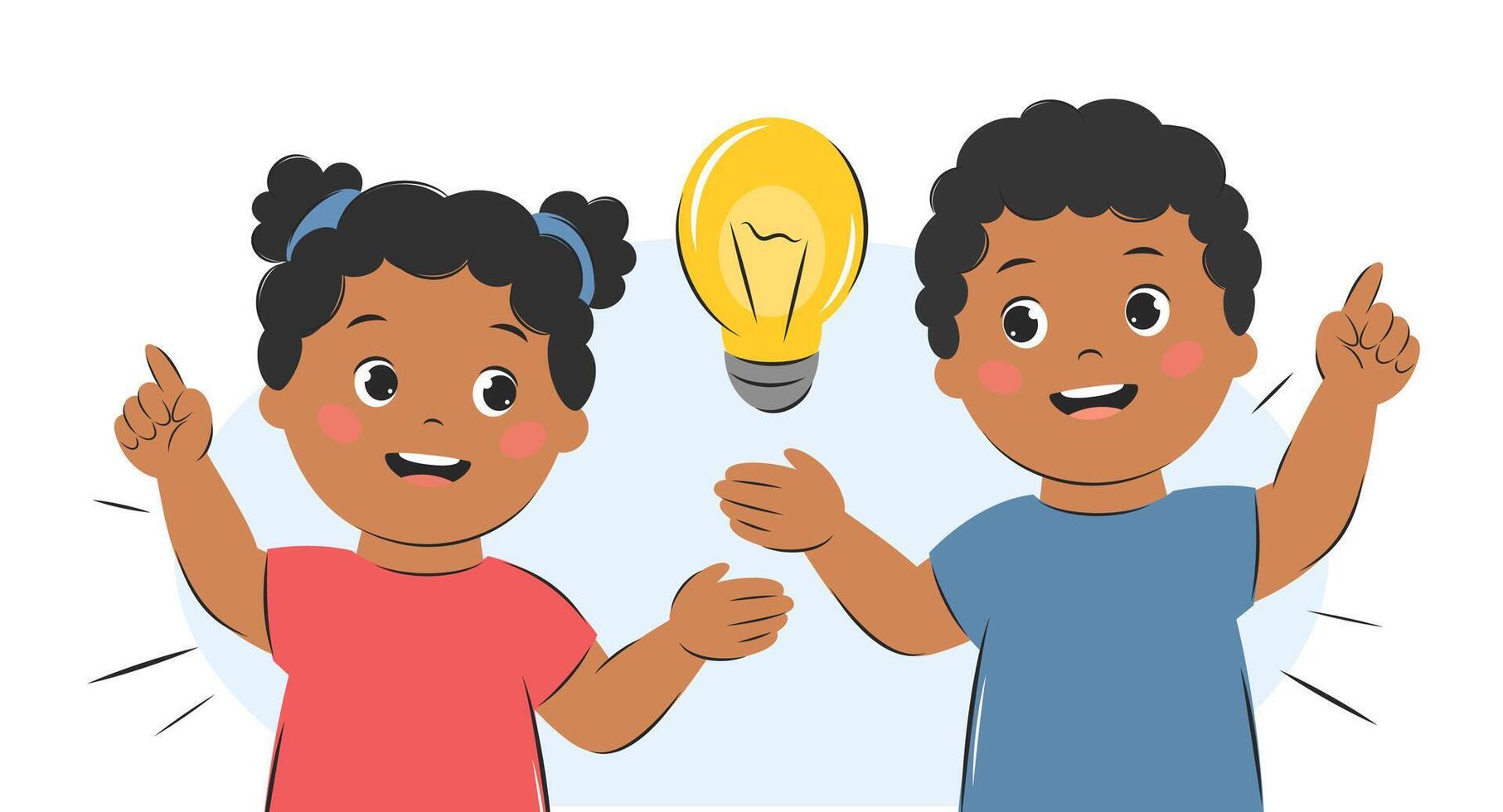 Kids with an idea, with lightbulb. Cartoon characters girl and boy for children design. Knowledge, creative thinking and education concept. Vector illustration
