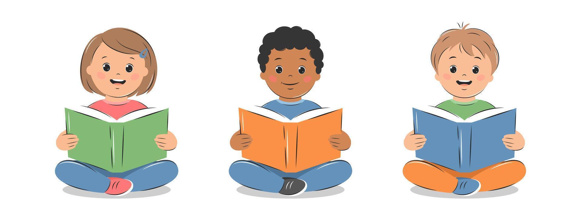 Different kids reading book. Learning and literacy day. Knowledge and education concept. Vector illustration