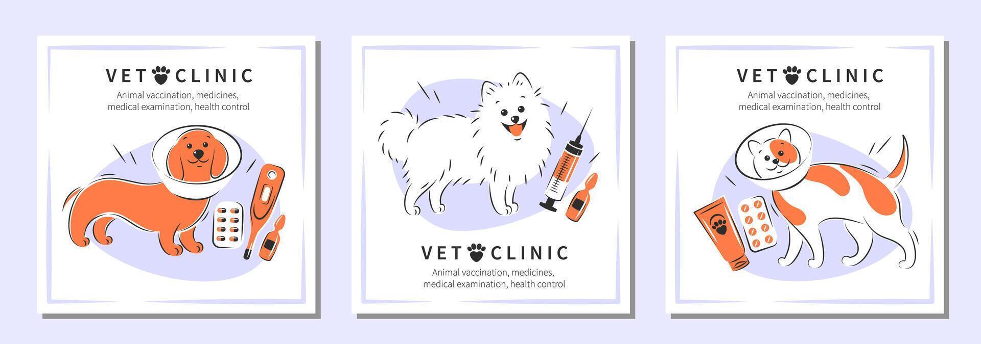 Veterinarian clinic or hospital for animals. Animal vaccination, medicines, medical examination, health control. Treatment of cats and dogs. Vector illustration