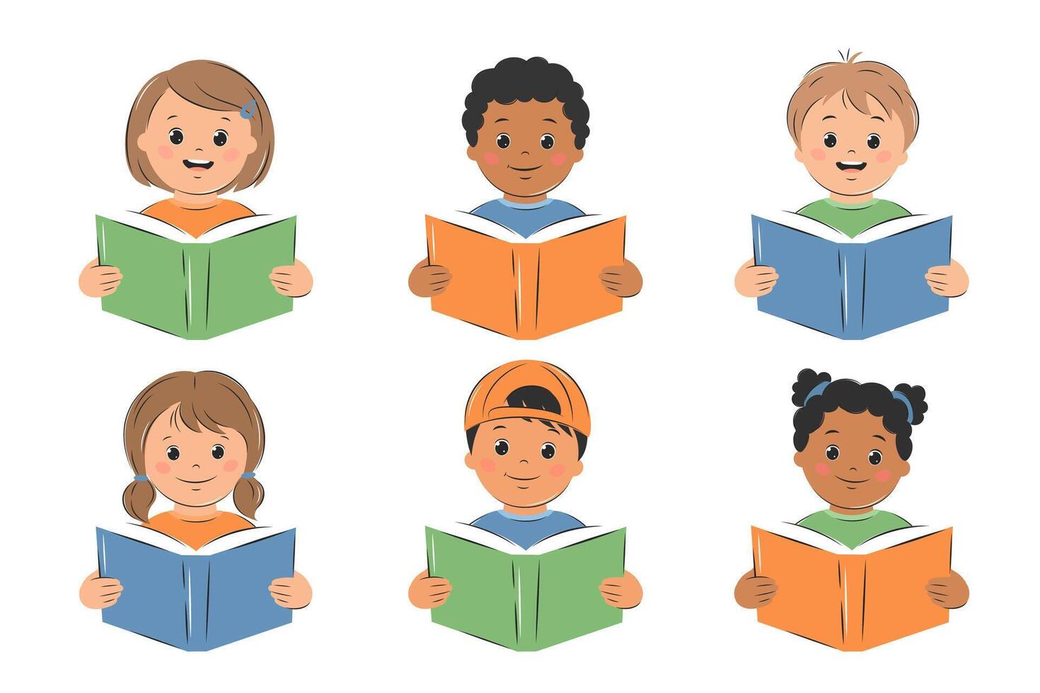 Multiethnic happy children reading. Cute kids boys and girls. Learning and literacy day. Knowledge and education concept. Vector illustration