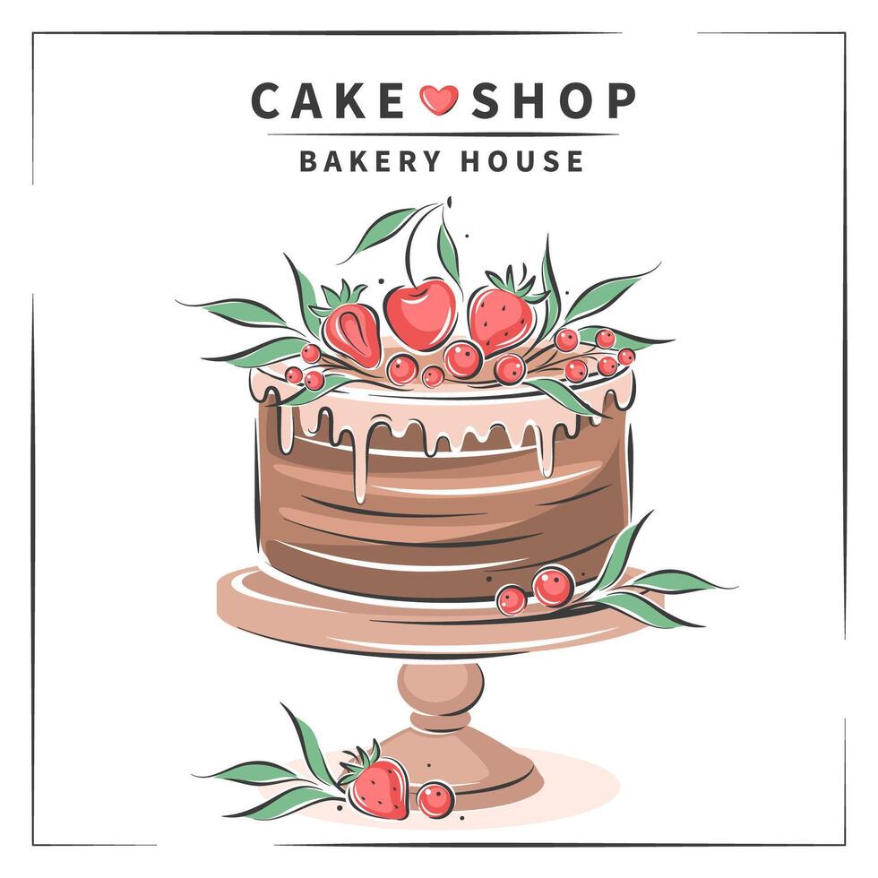 Cake and berries on pedestal. Cake shop logo. Vector illustration for menu, recipe book, baking shop, cafe, restaurant.