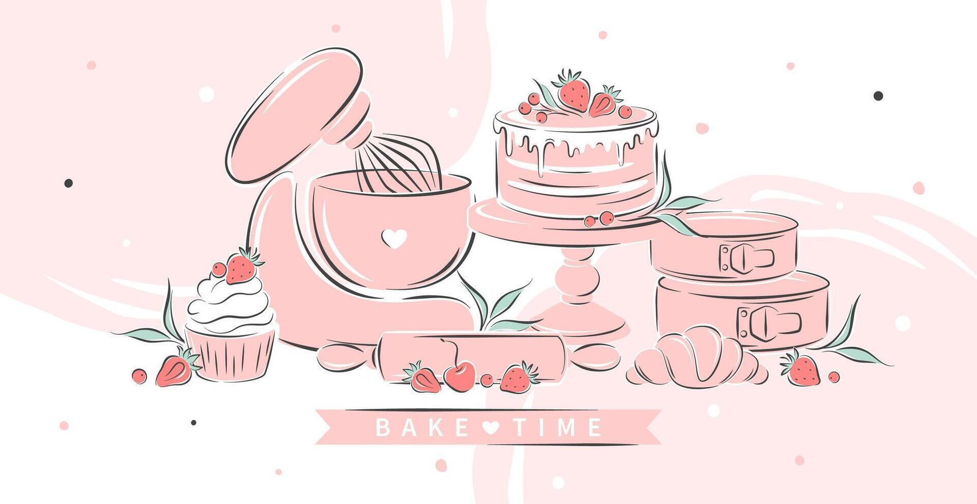 Kitchen tools, different desserts, pastry dishes, ingredients for baking items. Bake to time. Cutlery, mixer, cake, croissant and berry. Vector illustration