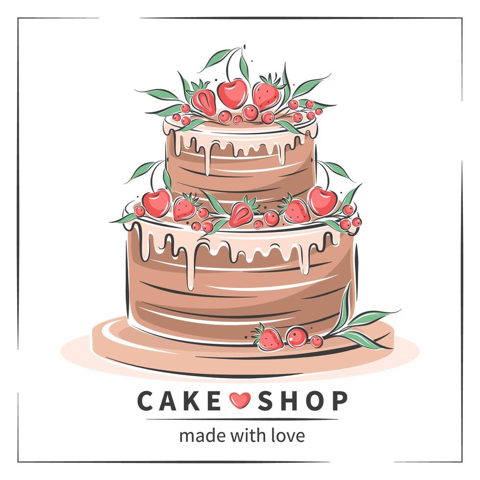 Cake shop logo. Cakedecorated with berries. Vector illustration on white background for menu, recipe book, baking shop, cafe, restaurant.