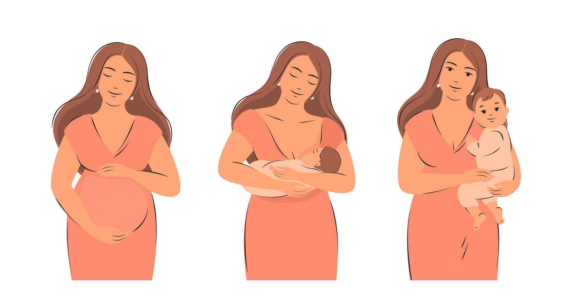 conjunto de el embarazo, amamantamiento y maternidad concepto ilustraciones. mujer alimentación bebé. vector ilustración aislado en blanco antecedentes