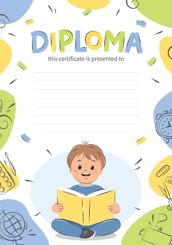 diploma de colegio niños. muestra elemental colegio niños certificado. chico leyendo libro, antecedentes con colegio suministros. vector ilustración