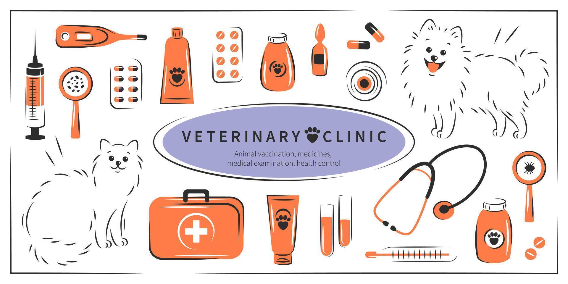 Veterinarian clinic. Big set of tools for veterinary hospital. Animal vaccination, medicines, medical examination, health control, treatment. Vector illustration