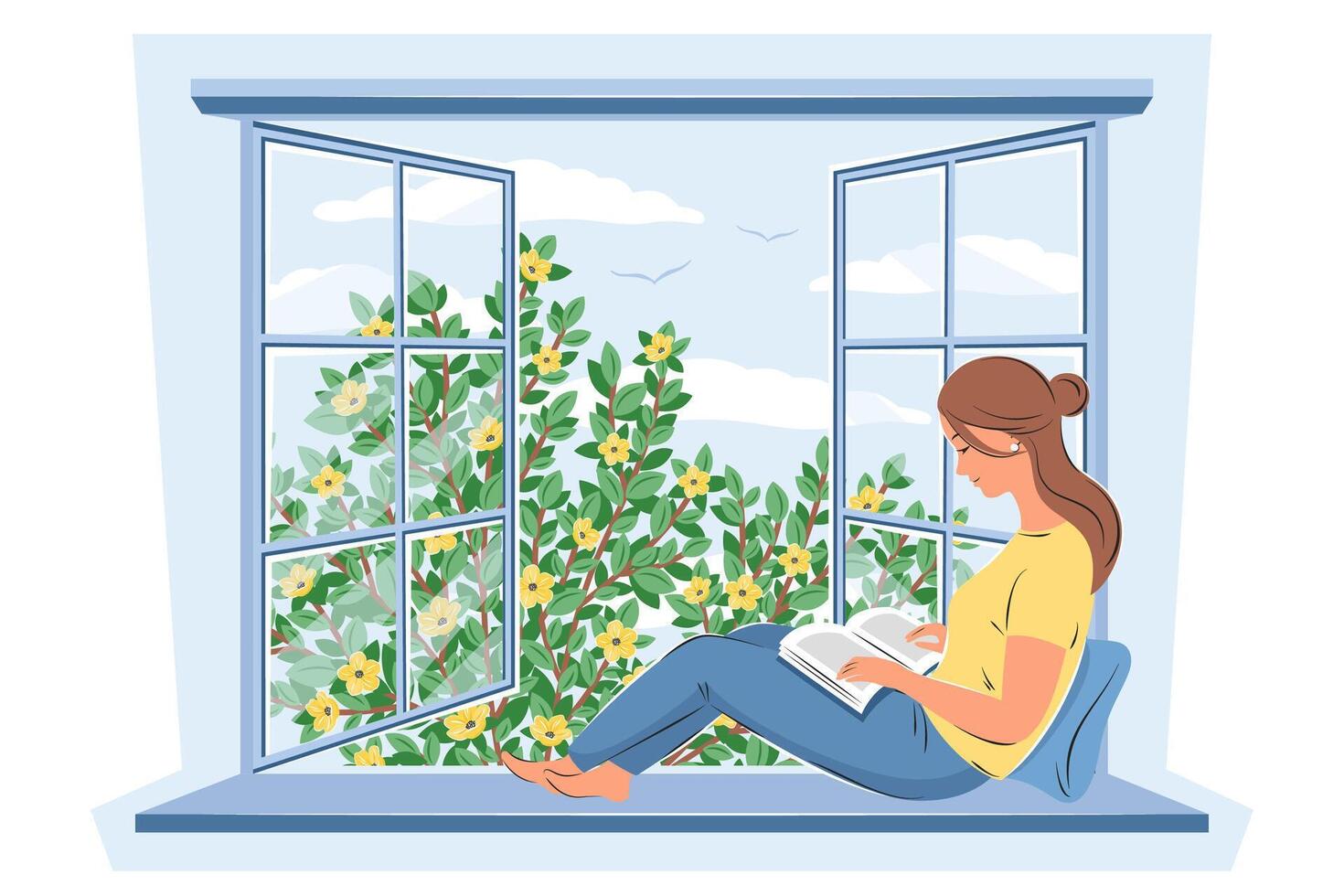 mujer leyendo un libro y sentada en la ventana de primavera. ilustración de vector de primavera para librería, biblioteca, librería o educación.