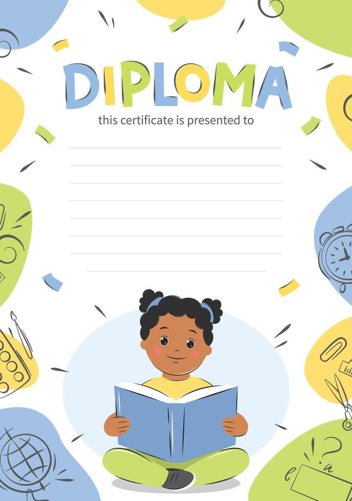 Diploma of school children, background with school supplies. Sample elementary school kids certificate. Afro American girl kid reading book. Vector illustration