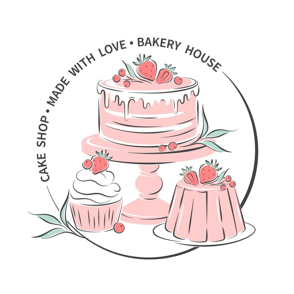 Cake shop logo. Cake, cupcake and berries. Vector illustration on white background for menu, recipe book, baking shop.