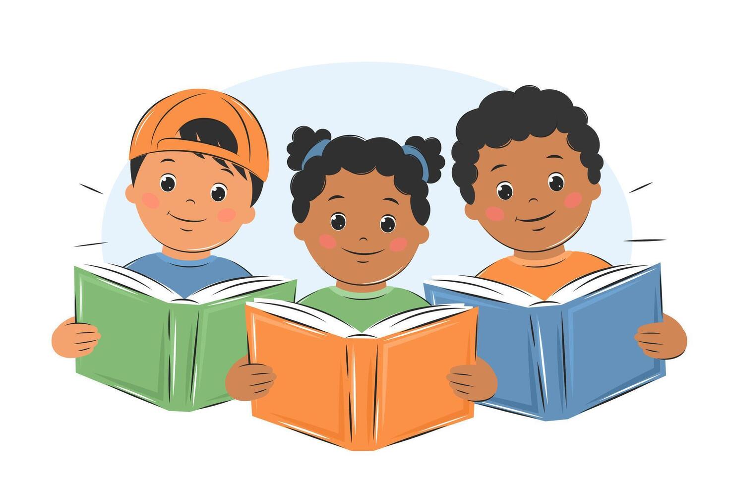 Children reading. Cute kids boys and girls. Learning and literacy day. Knowledge and education concept. Vector illustration