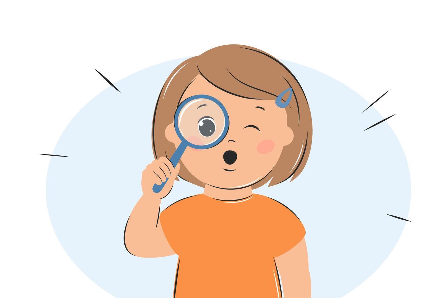 Child surprised. Curious kid girl look in magnifying glass. Girl using magnifier for learning, study. Vector Illustration.