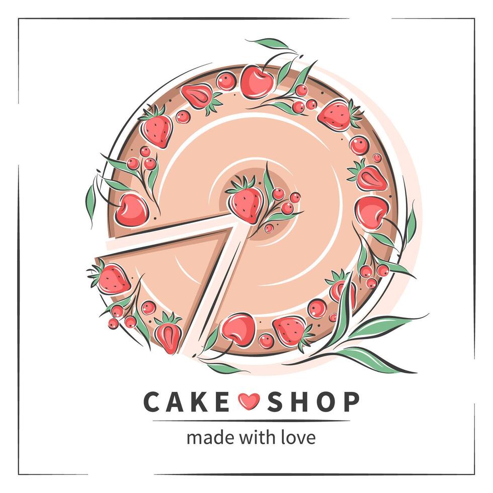 Cake shop logo. Cake and berries. Vector illustration on white background for menu, recipe book, baking shop.