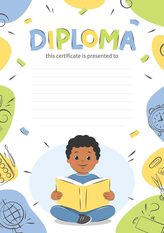 Diploma of school children,  background with school supplies. Boy kid reading book. Sample elementary school kids certificate.  Vector illustration