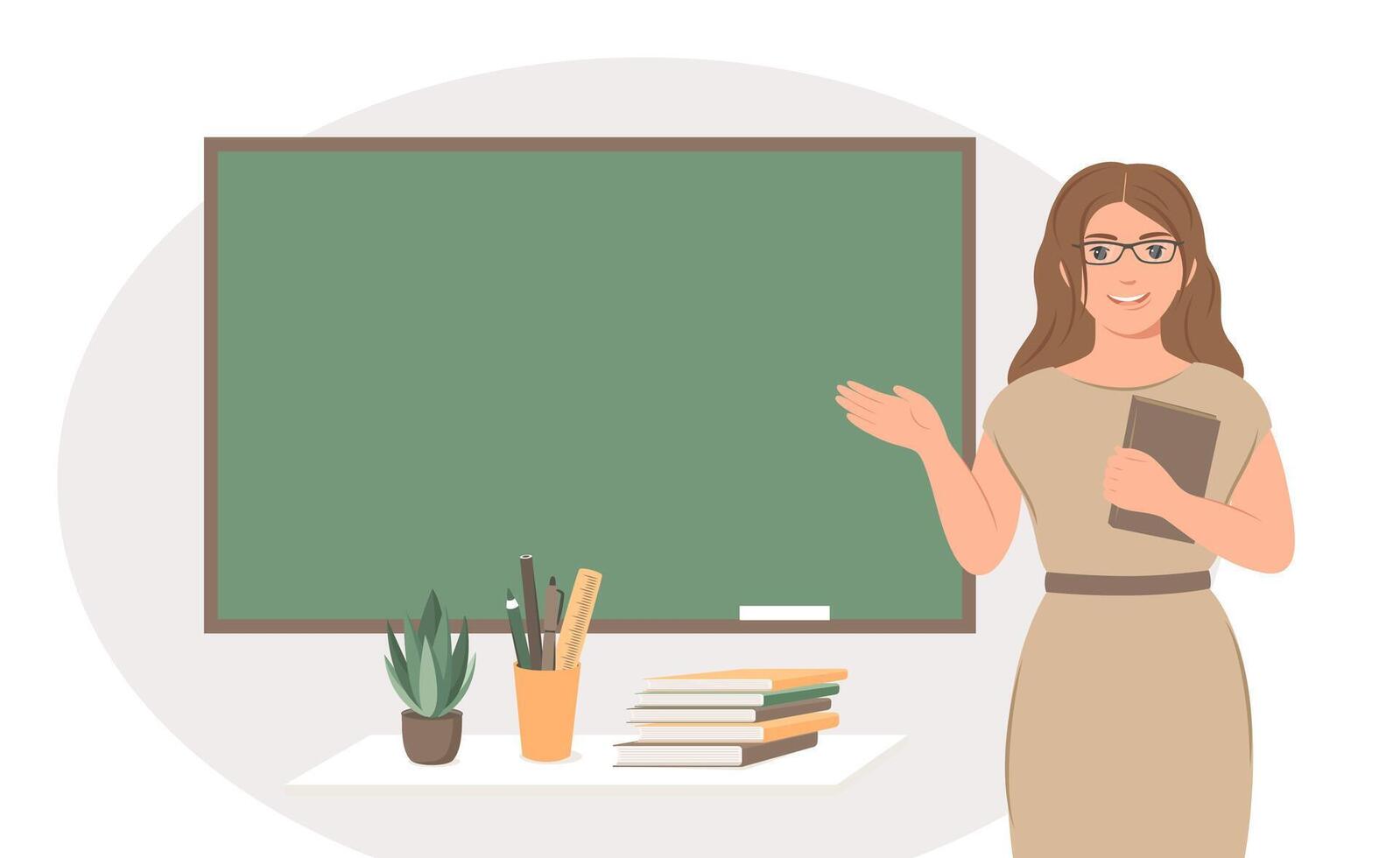 Woman teacher standing by blackboard in the classroom. Female teacher in classroom. Concept of education and training. Vector illustration