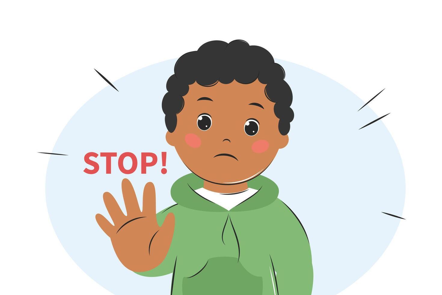 Boy says stop. Person protecting personal boundaries concept. Violate personal space. Behavior in society. Vector illustration