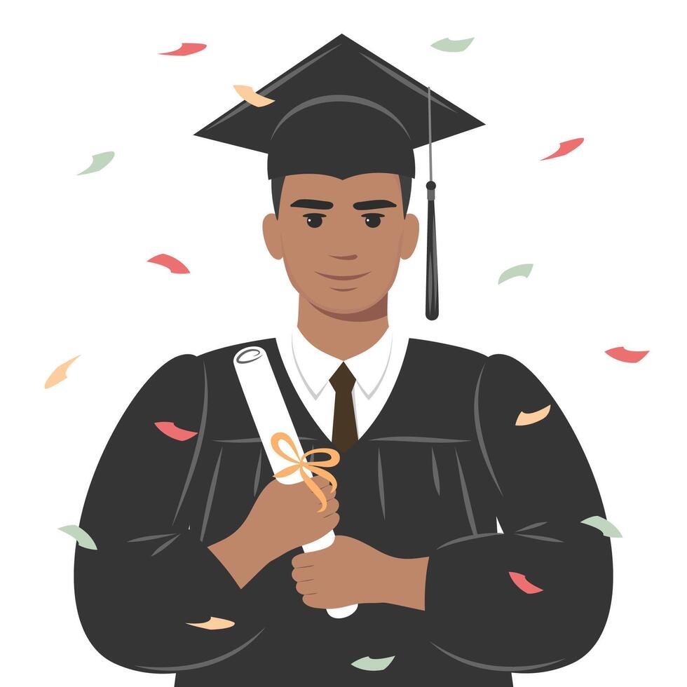 Happy afro graduate student with a diploma in graduation cap and robe . Man who graduated from studies. Vector illustration