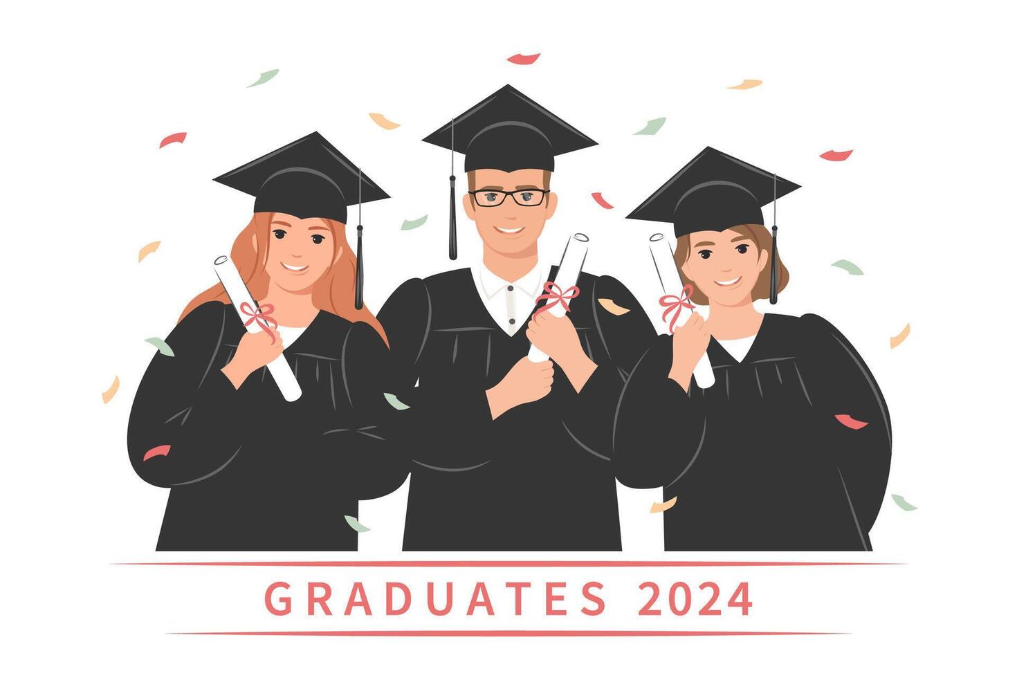 Graduates wearing an academic gown and a graduation cap and holding a diploma. Girls and boys celebrate their university or college graduation. Vector illustration