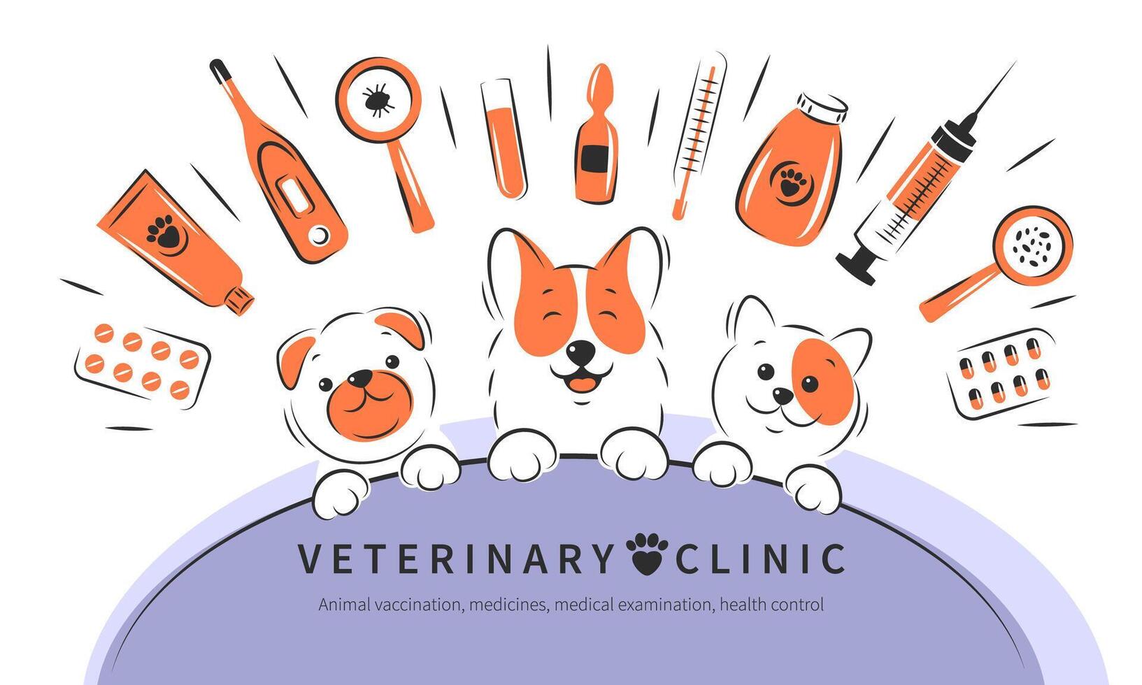 Veterinarian clinic or hospital for animals. Animal vaccination, medicines, medical examination, health control. Treatment of cats and dogs. Vector illustration