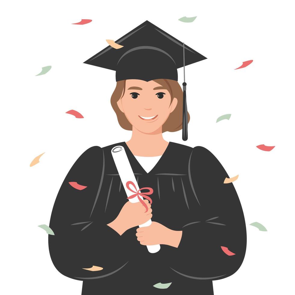 Happy graduate student with a diploma, wearing a robe and a square academic cap. A young woman who graduated from her studies. Flat vector illustration on white background.