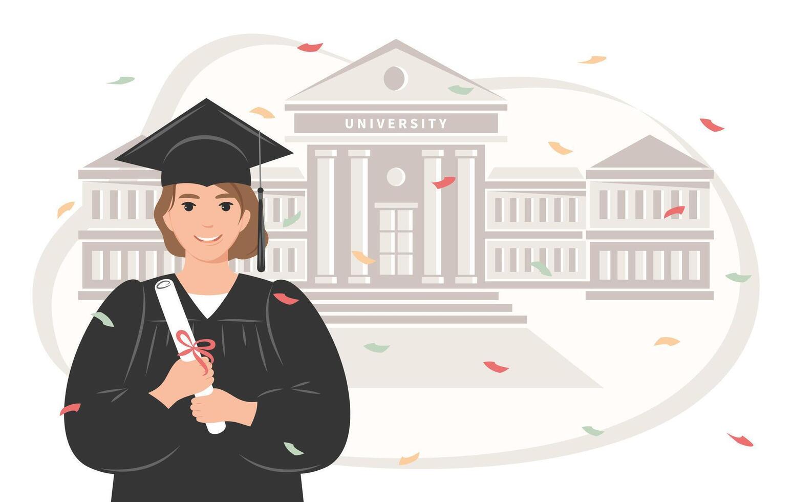 Happy graduate student with a diploma, wearing a robe and a square academic cap the backdrop of the university. Woman who graduated from her studies. Vector illustration.