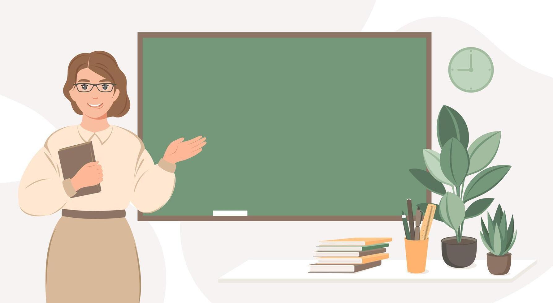 hembra profesor en aula. mujer profesor en pie por pizarra en el aula. concepto de educación y capacitación. vector ilustración