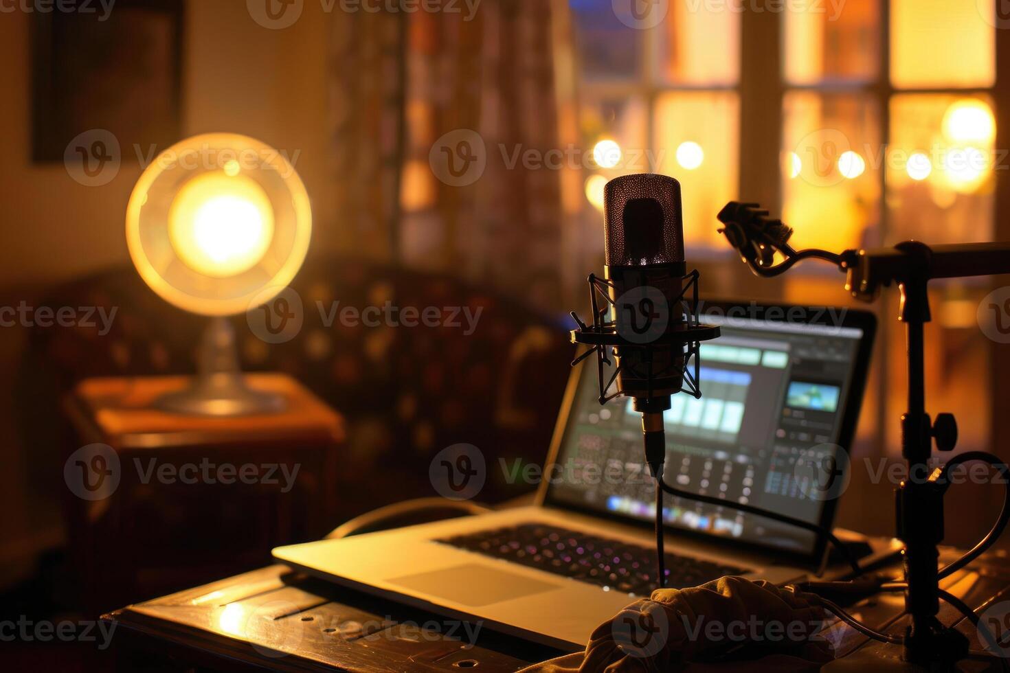 AI generated Close Up of Home Studio Podcasting Gear and Setup photo