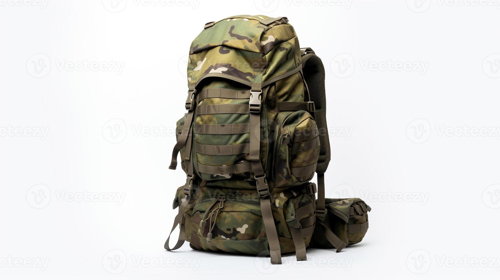 AI generated Camouflage Tactical Backpack Bag isolated on white background with copy space for advertisement. AI Generated photo