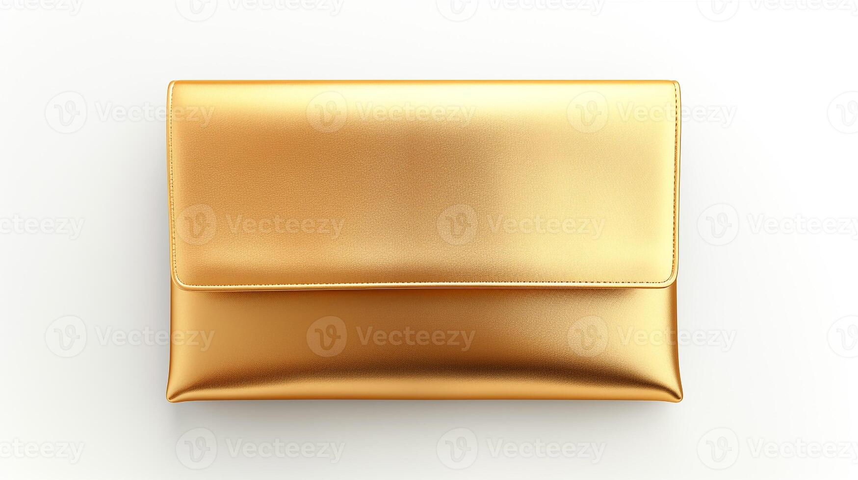 AI generated Gold Foldover Clutch Bag isolated on white background with copy space for advertisement. AI Generated photo