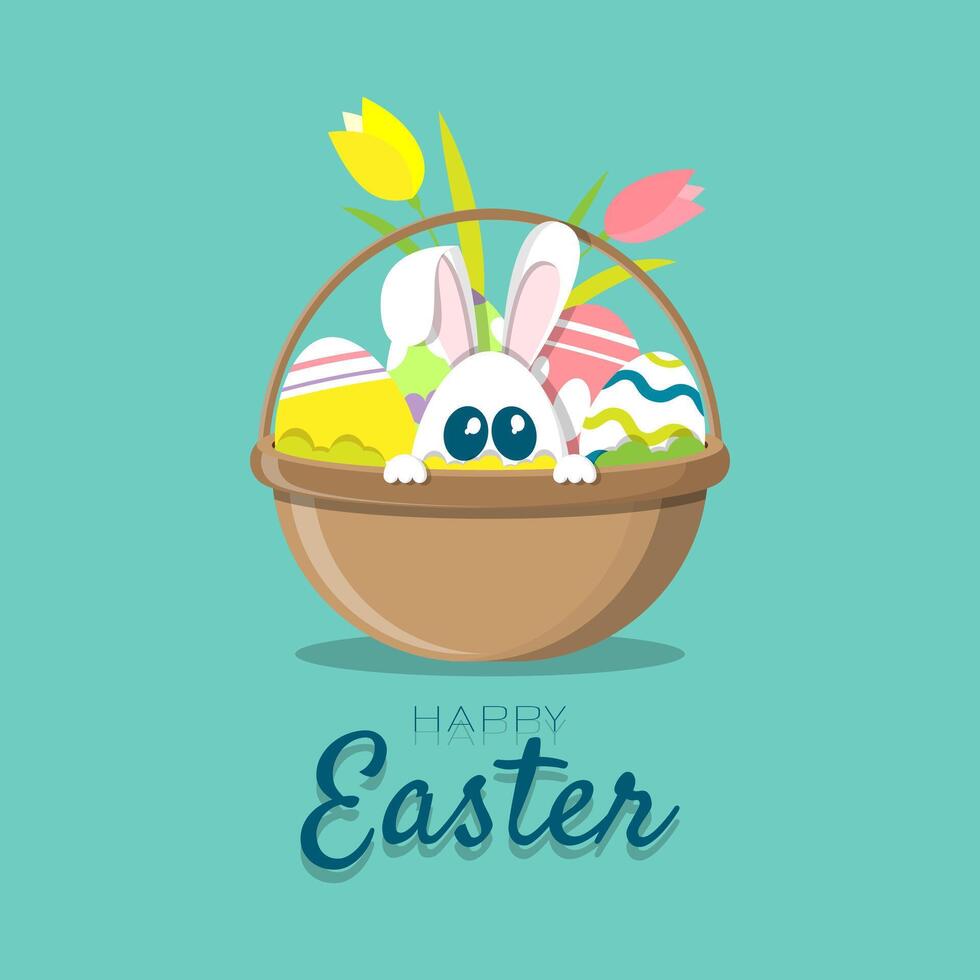 Happy Easter wtih cute bunny hiding in basket with eggs vector