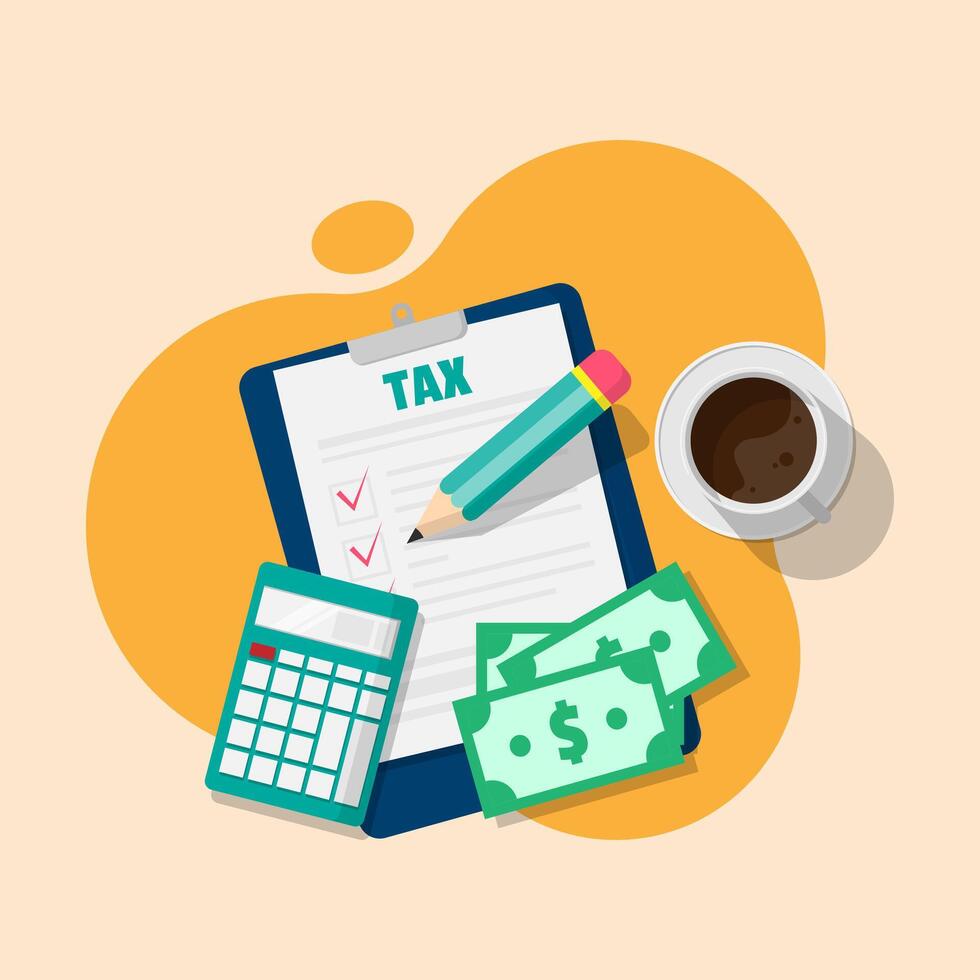 Tax Day poster with filling out tax forms accompanied by a cup of coffee vector