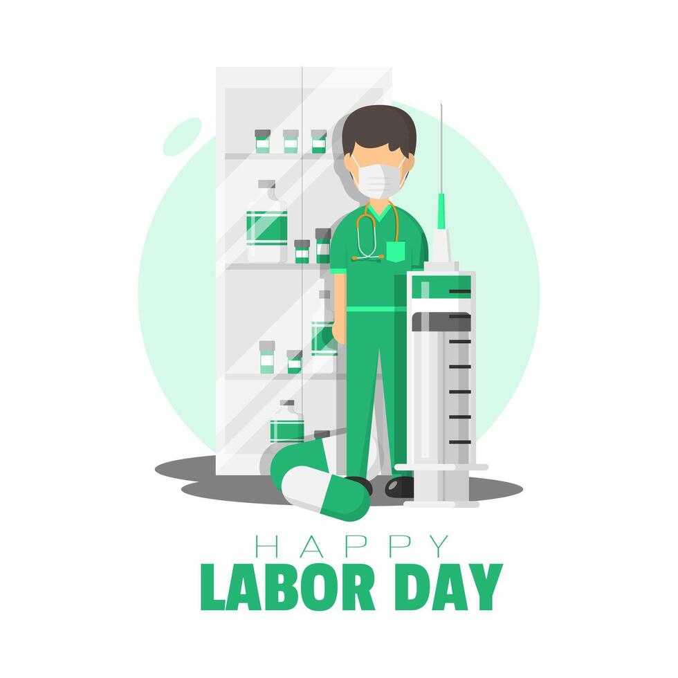 Happy Labor Day poster with a doctor and medical equipment vector