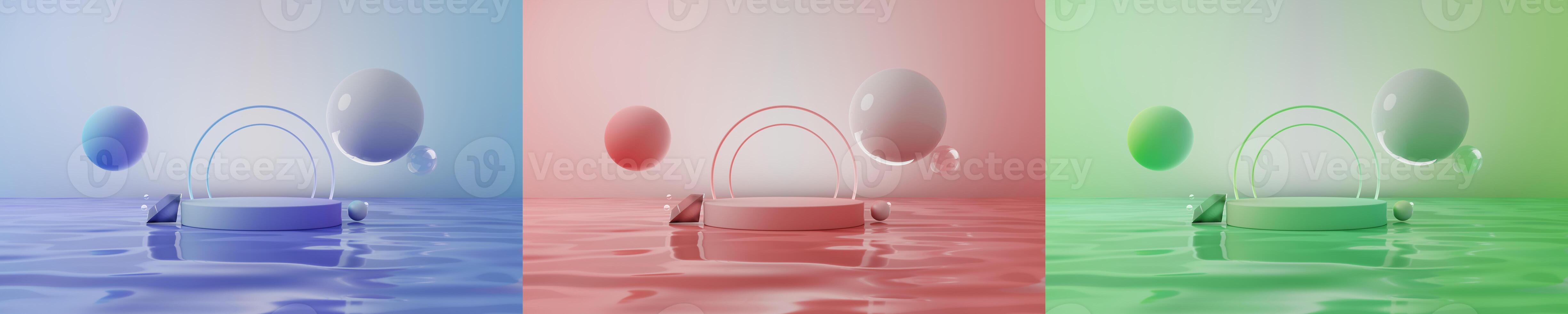 3d minimalist podium product presentation mockup, with water as a floor and some solid bubble and diamond around, 3 kind of different color blue red and green background photo