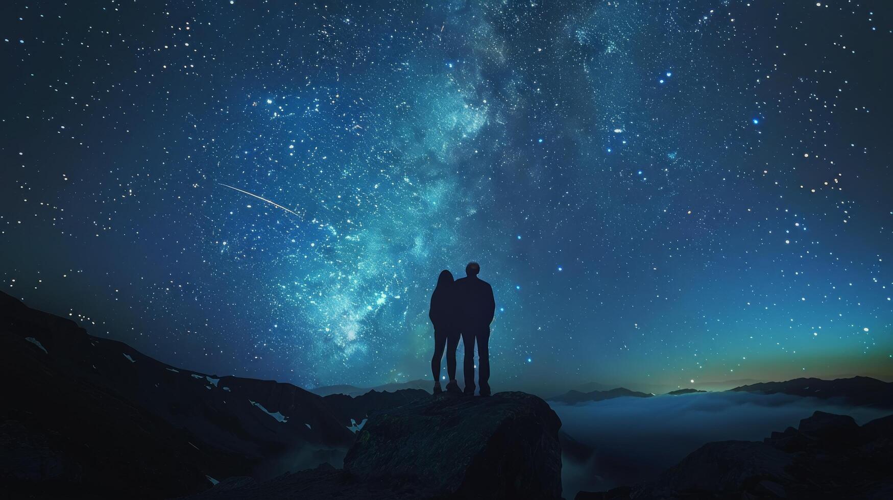 ai generado dos personas en pie en parte superior de un montaña mirando a el estrellas foto