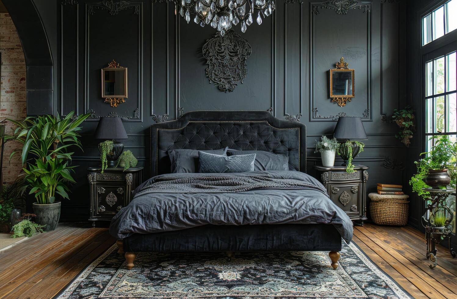 ai generado espacioso dormitorio con negro paredes y grande cama foto