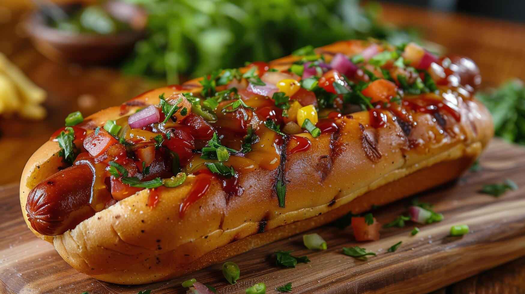 AI generated Hot Dog on Wooden Board With Candle Background photo