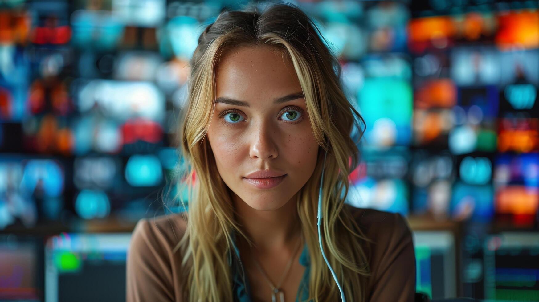 AI generated Young Woman Sitting in Front of Wall of Television Screens photo