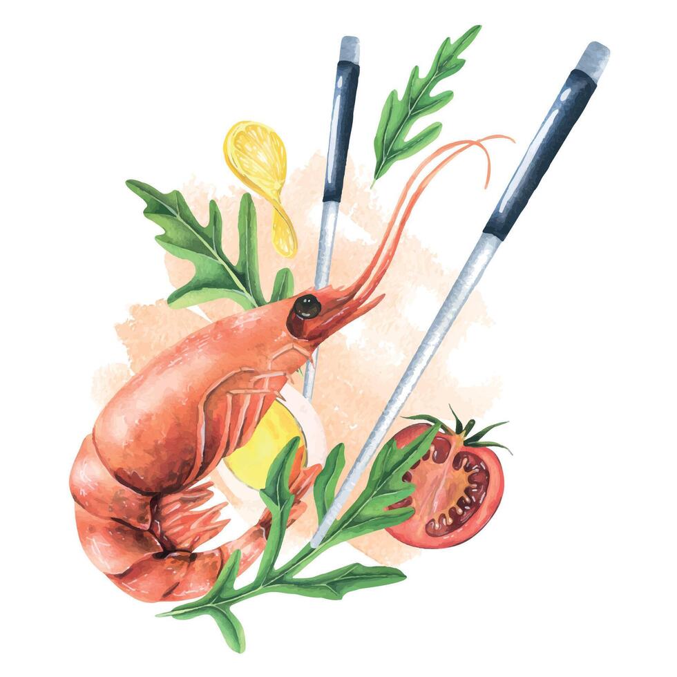 Whole boiled shrimp with arugula leaves, lemon slice, quail egg and chopsticks. Watercolor illustration. Composition from the SHRIMP collection. For the design and design of menus, recipes, packaging. vector