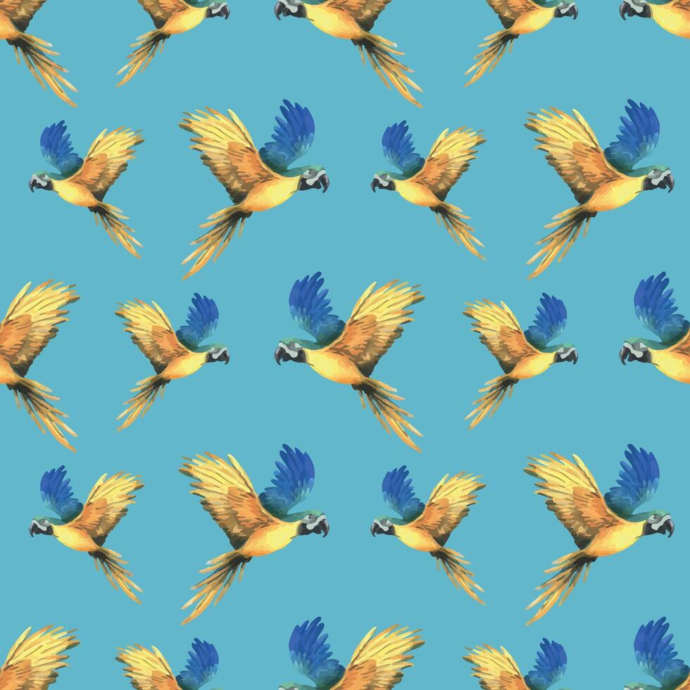 Tropical flying blue-yellow macaw parrot. Hand drawn watercolor botanical illustration. Seamless pattern on a blue background. vector