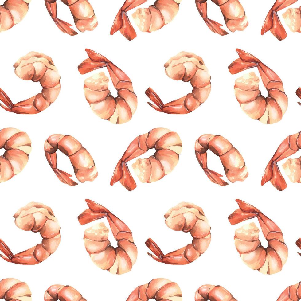 Boiled, peeled shrimp with tails on a white background. Watercolor illustration, hand drawn. Seamless pattern. For fabric, textile, wallpapers, menus, recipes, packaging wrapping paper vector