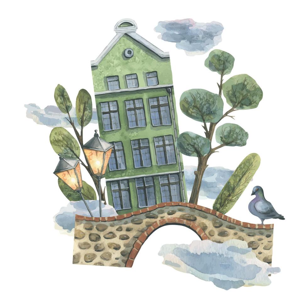 Green European house with a stone bridge, trees, doves and lanterns. Watercolor illustration. Composition from the EUROPEAN HOUSES collection. For tourism design and brochures, tickets, souvenirs. vector