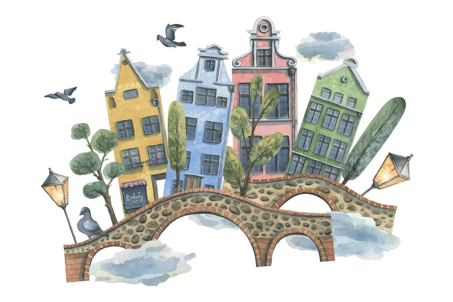 Cute colorful houses with trees, bridges, pigeons and lanterns. Watercolor illustration. Composition from the collection EUROPEAN HOUSES. For design of prints, souvenirs, stickers, postcards, posters. vector