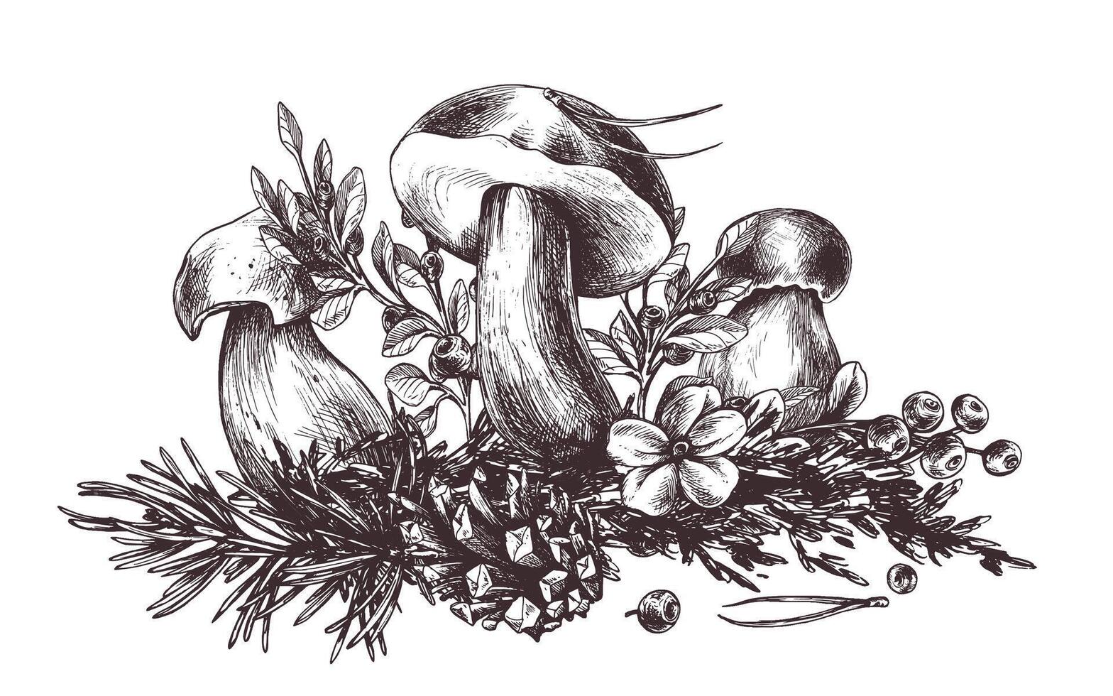 Mushrooms forest boletus with grass, blueberries, moss and cone. Graphic botanical illustration hand drawn in brown ink. For recipes, packaging, autumn festival, harvest. Isolated composition vector