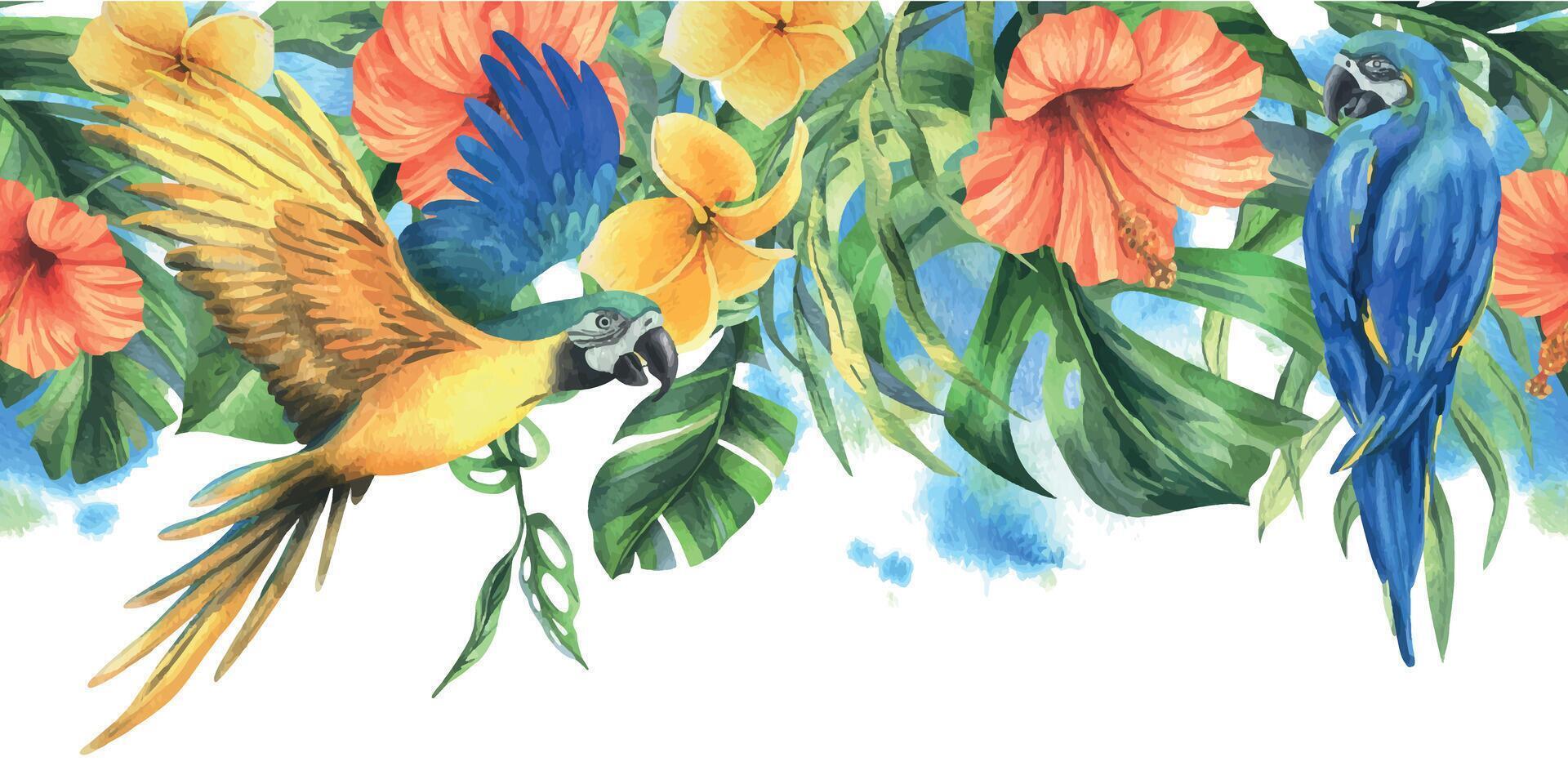 Tropical palm leaves, monstera and flowers of plumeria, hibiscus, bright with blue-yellow macaw parrot. Hand drawn watercolor botanical illustration. Seamless border is isolated from the background vector