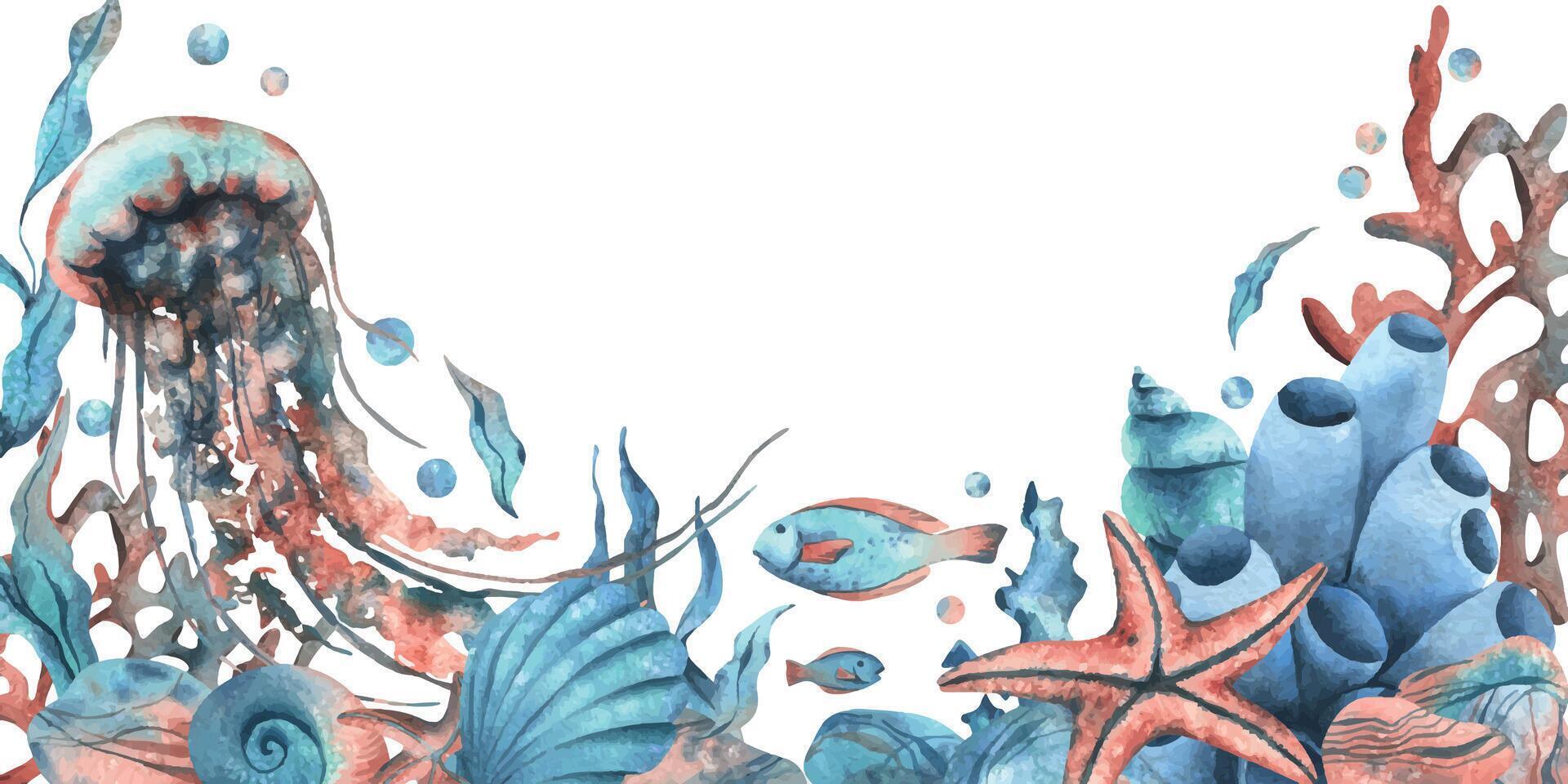 Underwater world clipart with sea animals whale, turtle, octopus, seahorse, starfish, shells, coral and algae. Hand drawn watercolor illustration. Border, template, frame isolated from the background vector