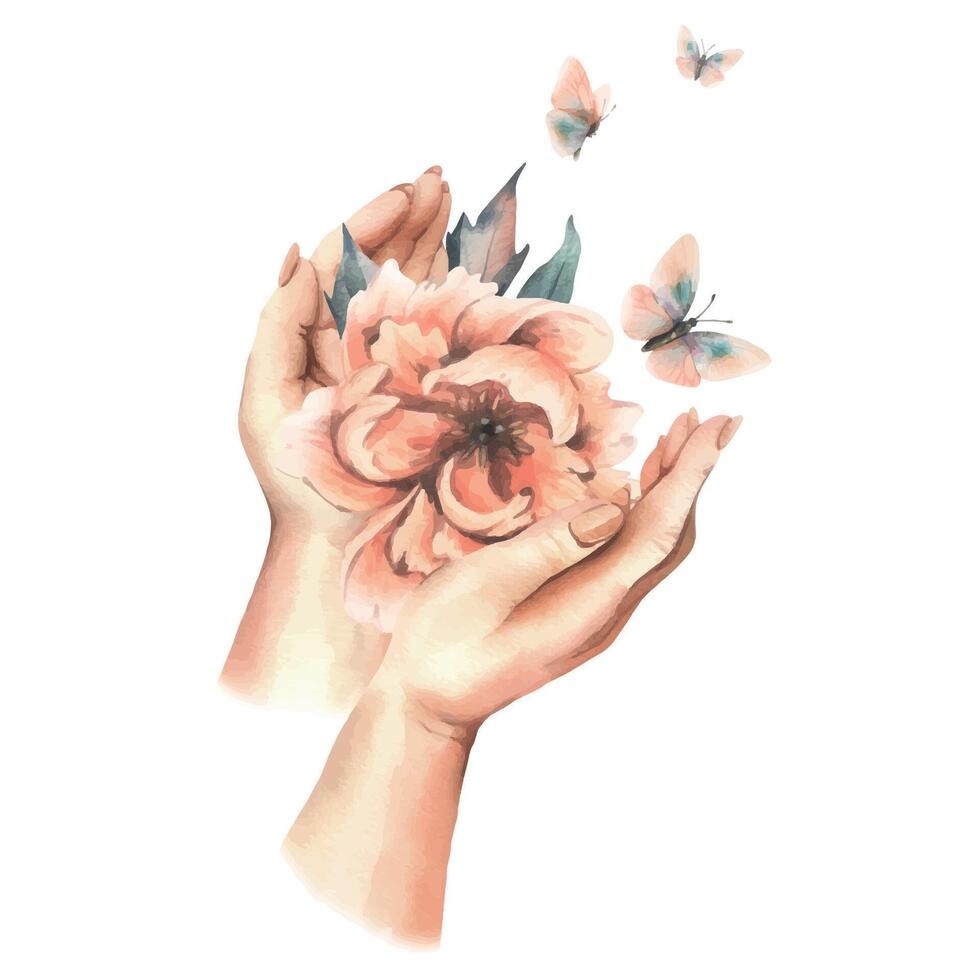 Beautiful peonies in peach fuzz color with leaves and flying butterflies in female hands. Hand drawn watercolor illustration. The composition is isolated from the background. vector